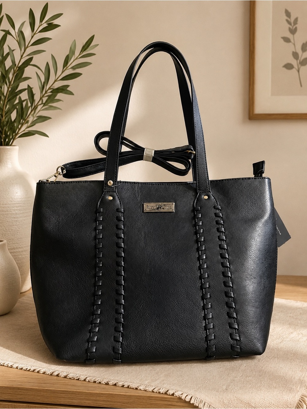 Beverly Hills Polo Club Black Faux Leather Tote Bag Whipstitch Shoulder Purse